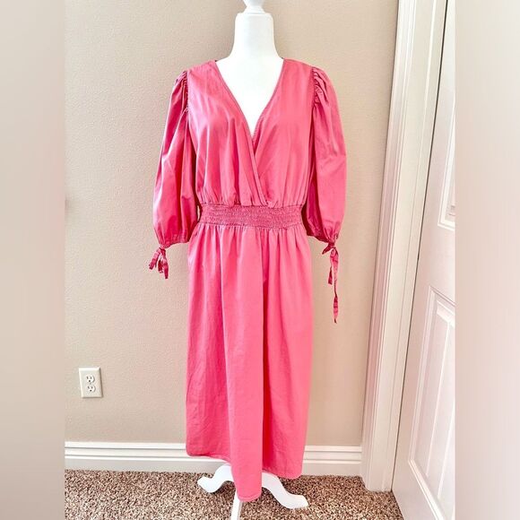 Eloquii Elements Midi Dress Size 16 Dusty Pink Puff Sleeve Smock Waist Cotton - Picture 2 of 8